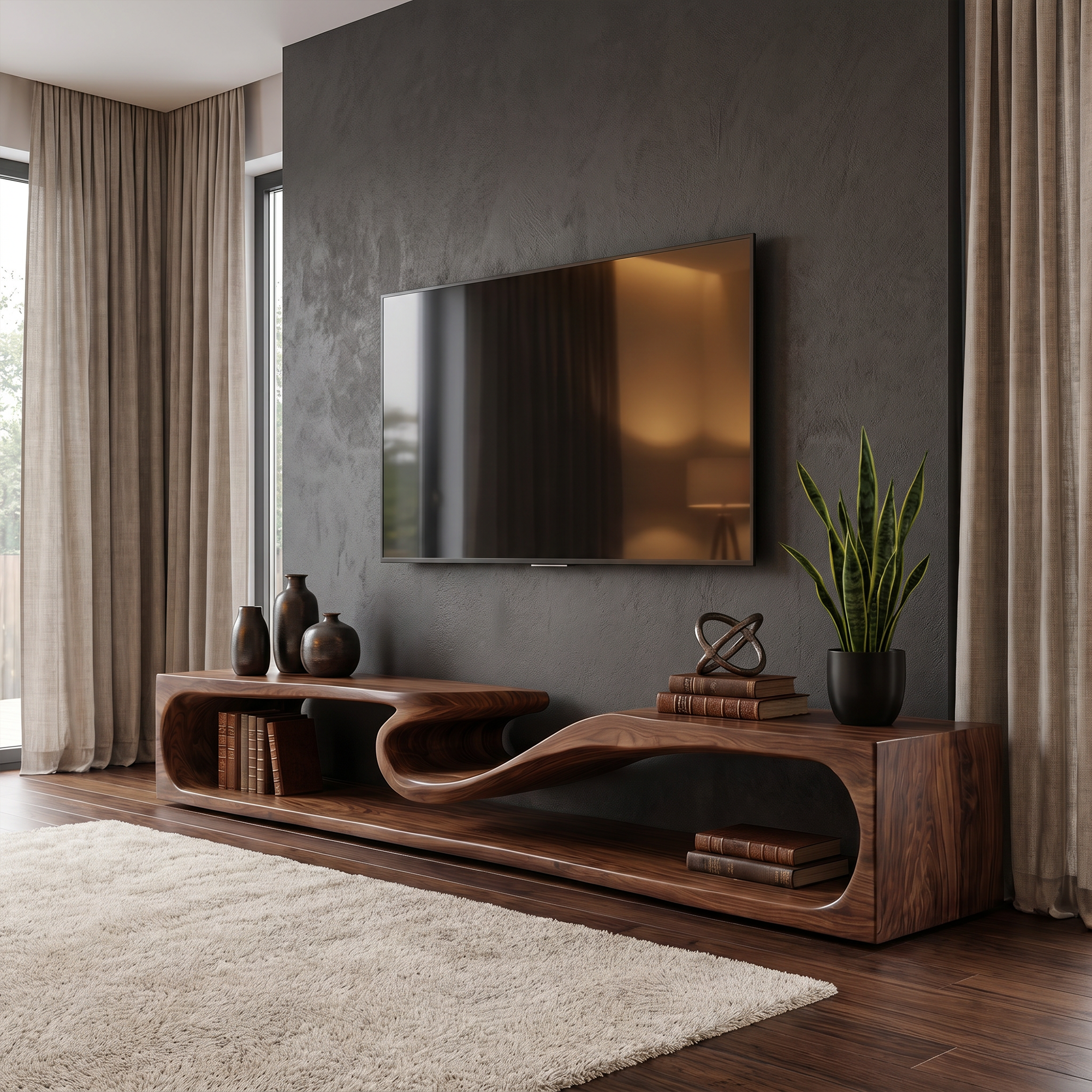 Minimalist TV Cabinet With Rounded Edge Wood Frame And Open Storage Design For Living Room