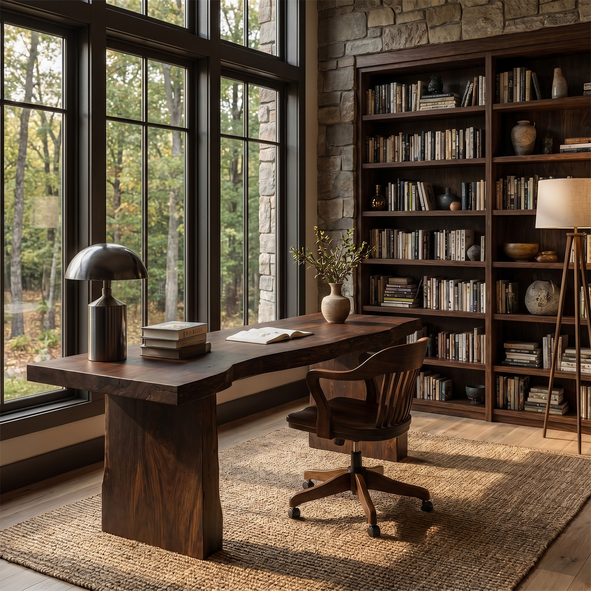 Rustic Desk With Live Edge Top And Sculptural Tree Stump Base For Home Office