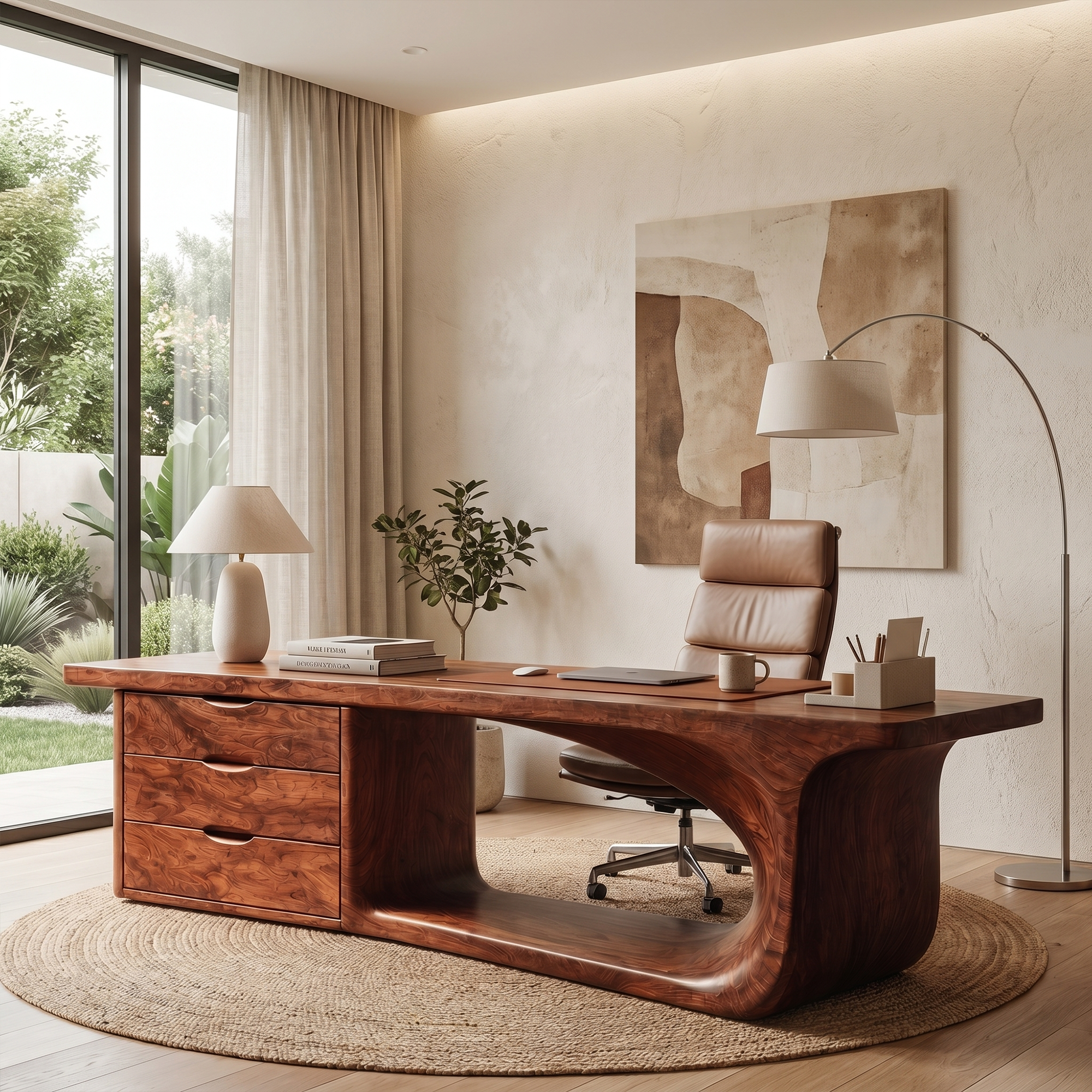 Rustic Executive Desk With Sculptural Solid Wood Base And Integrated Storage For Home Office