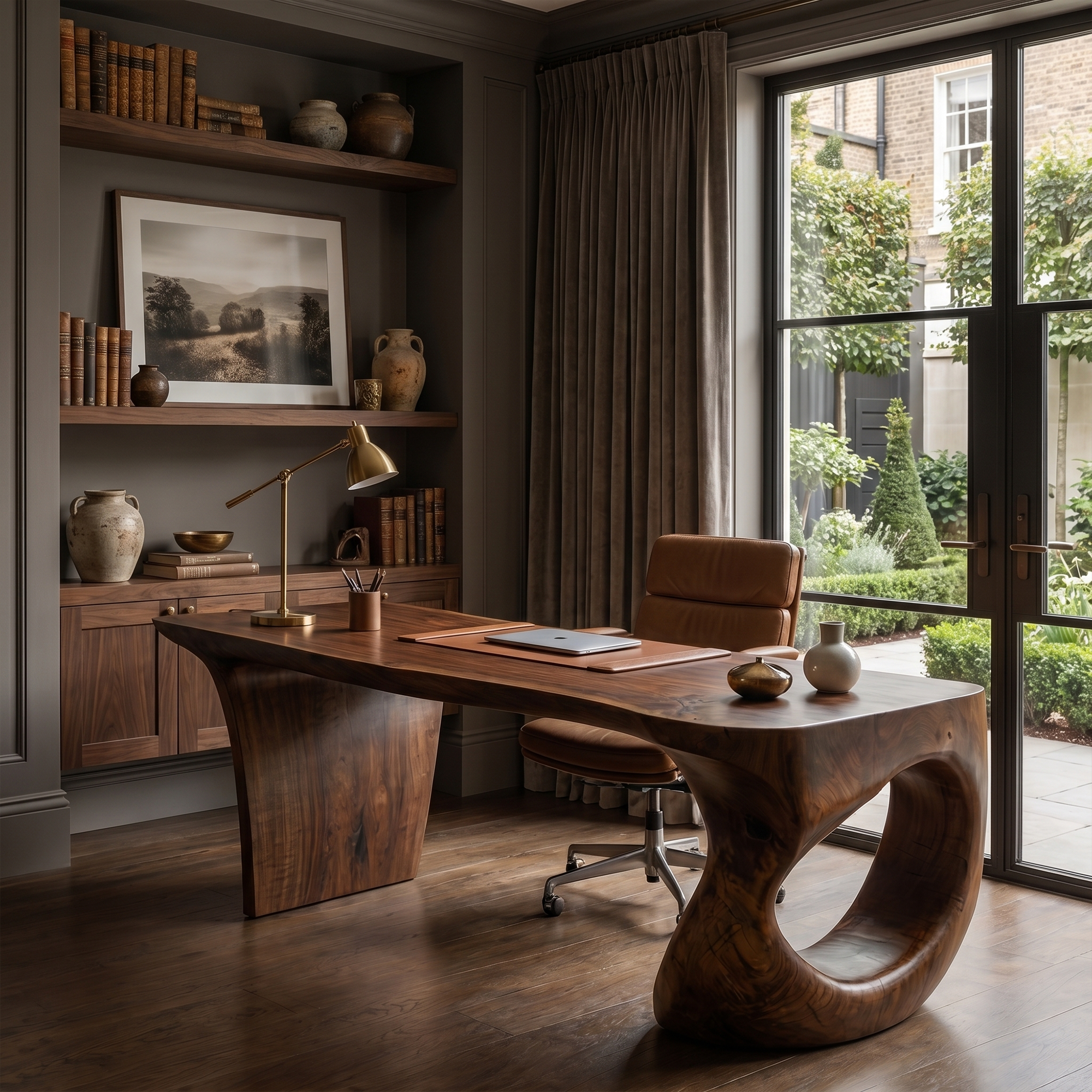 Contemporary Desk With Sculptural Loop Wood Base And Solid Wood Top For Home Office And Workspace