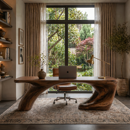 Modern Organic Desk With Sculptural Curved Wood Base And Solid Wood Top For Home Office And Workspace
