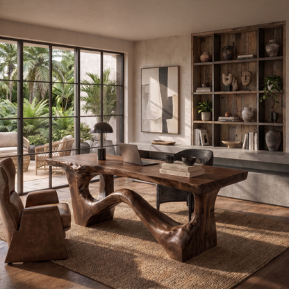 Organic Sculptural Desk With Asymmetrical Wood Base And Solid Wood Top For Home Office And Workspace