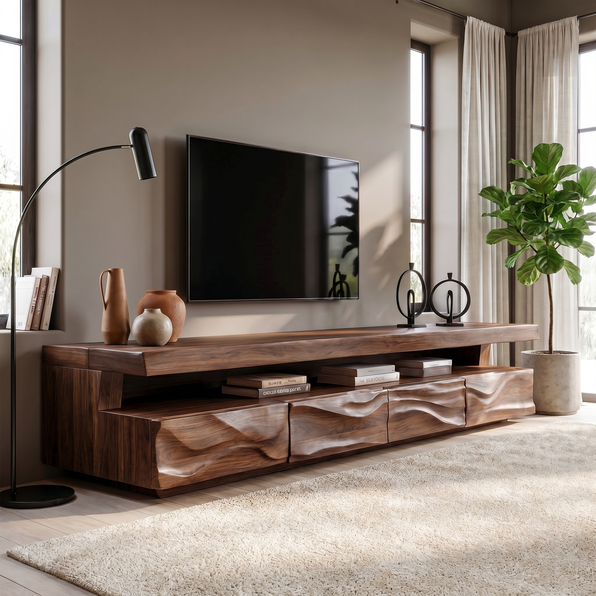 Modern TV Stand With Hand Carved Solid Wood Front And Media Storage For Living Room