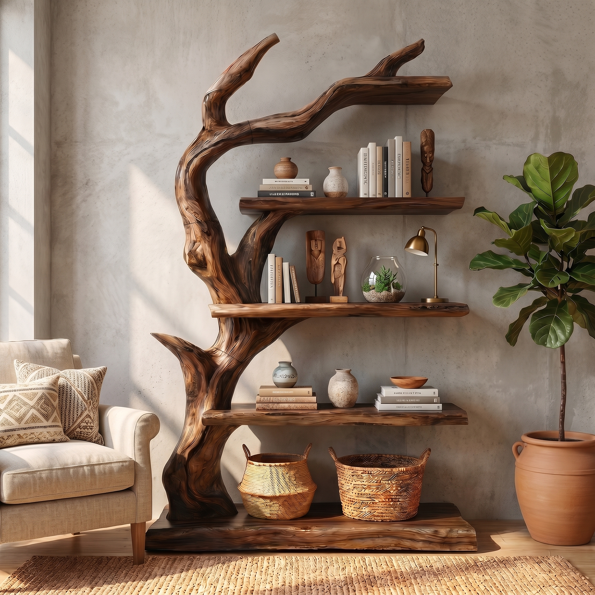 Rustic Tree Bookshelf With Handcrafted Branch Design And Open Display Shelves For Living Room
