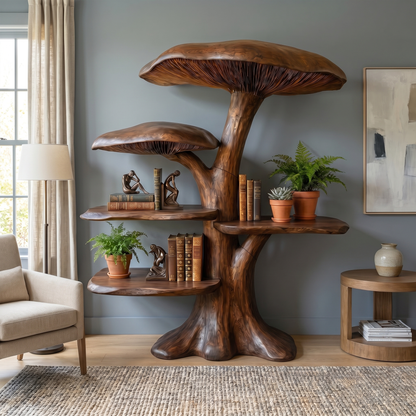 Organic Mushroom Shelf With Sculptural Solid Wood Form For Living Room