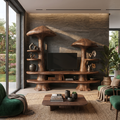 Rustic Mushroom TV Cabinet With Open Display Storage And Media Console For Living Room