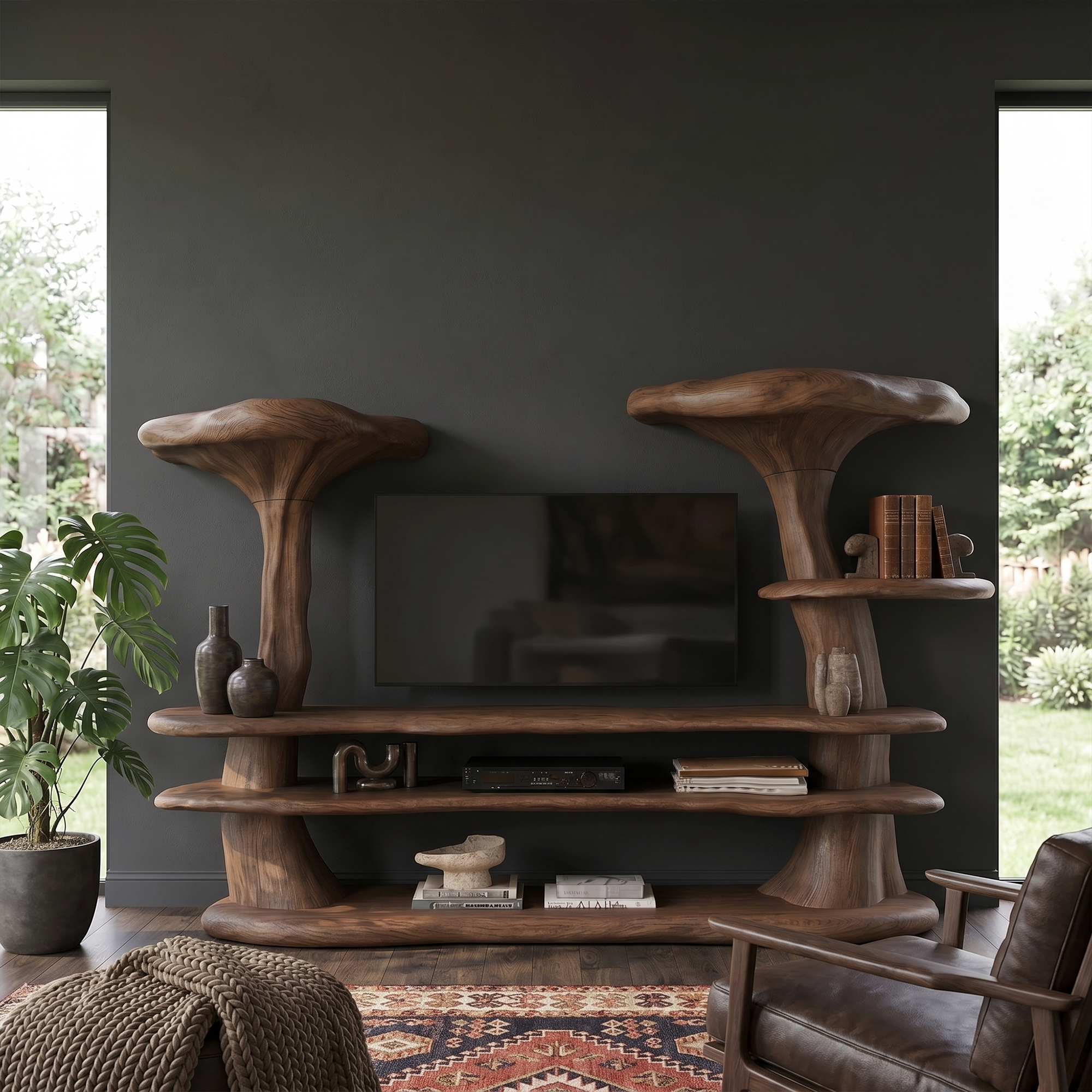Organic Mushroom TV Stand With Sculptural Solid Wood Design For Living Room