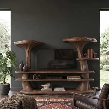 Organic Mushroom TV Stand With Sculptural Solid Wood Design For Living Room