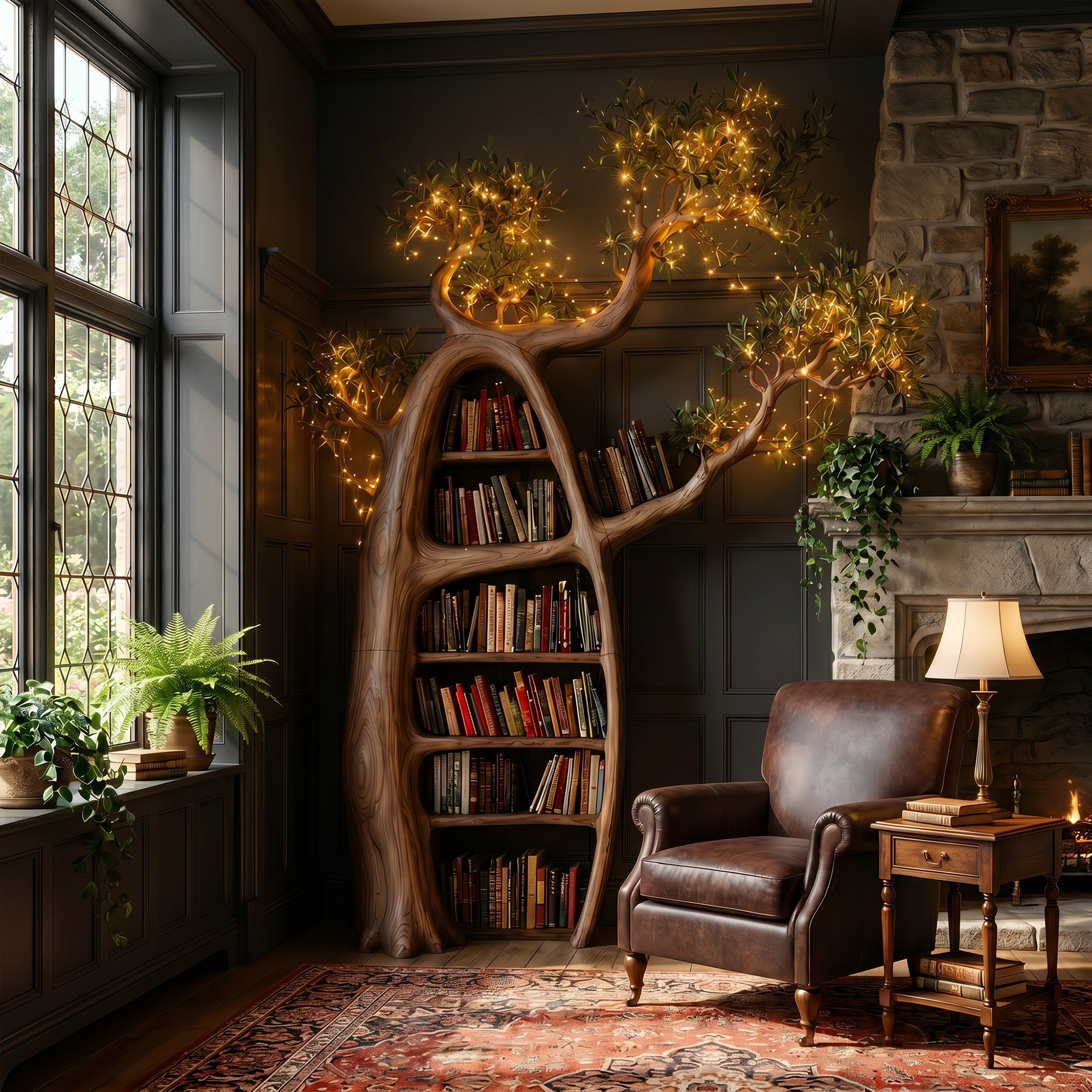 Artistic Tree Bookshelf With Illuminated Branch Crown For Living Room