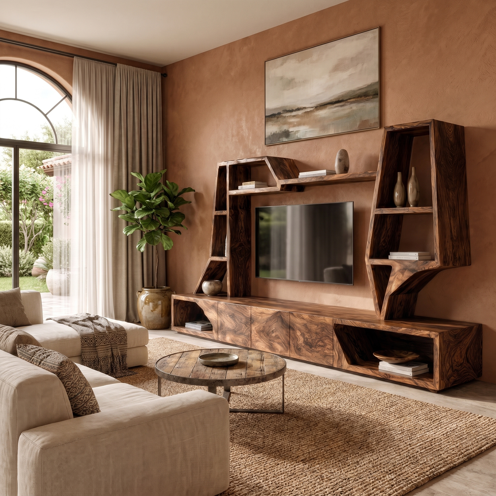 Organic TV Cabinet With Sculptural Branch Shelving And Wall Mounted Storage For Living Room