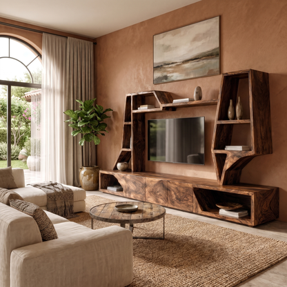 Organic TV Cabinet With Sculptural Branch Shelving And Wall Mounted Storage For Living Room