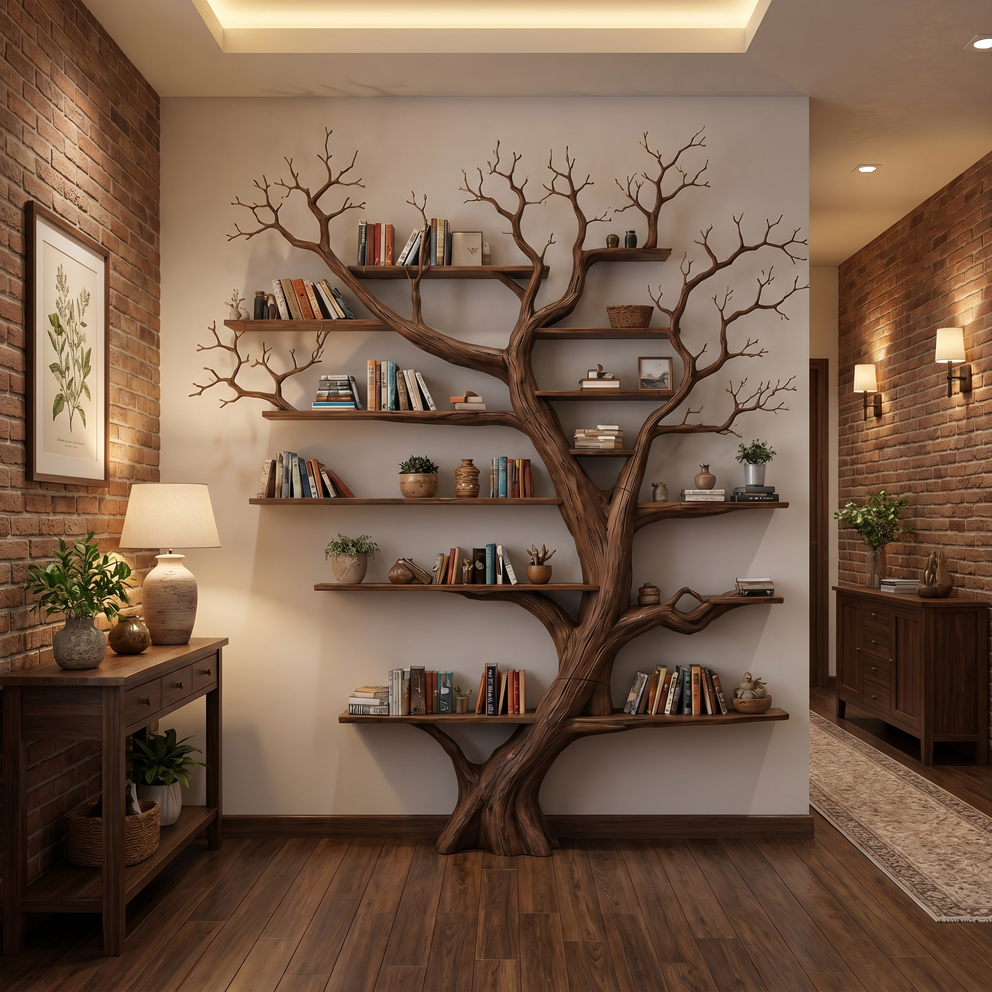 Rustic Tree Wall Bookshelf Living Guest Room