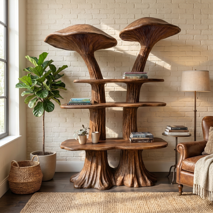 Rustic Mushroom Bookshelf With Handcrafted Solid Wood Shelves For Living Room