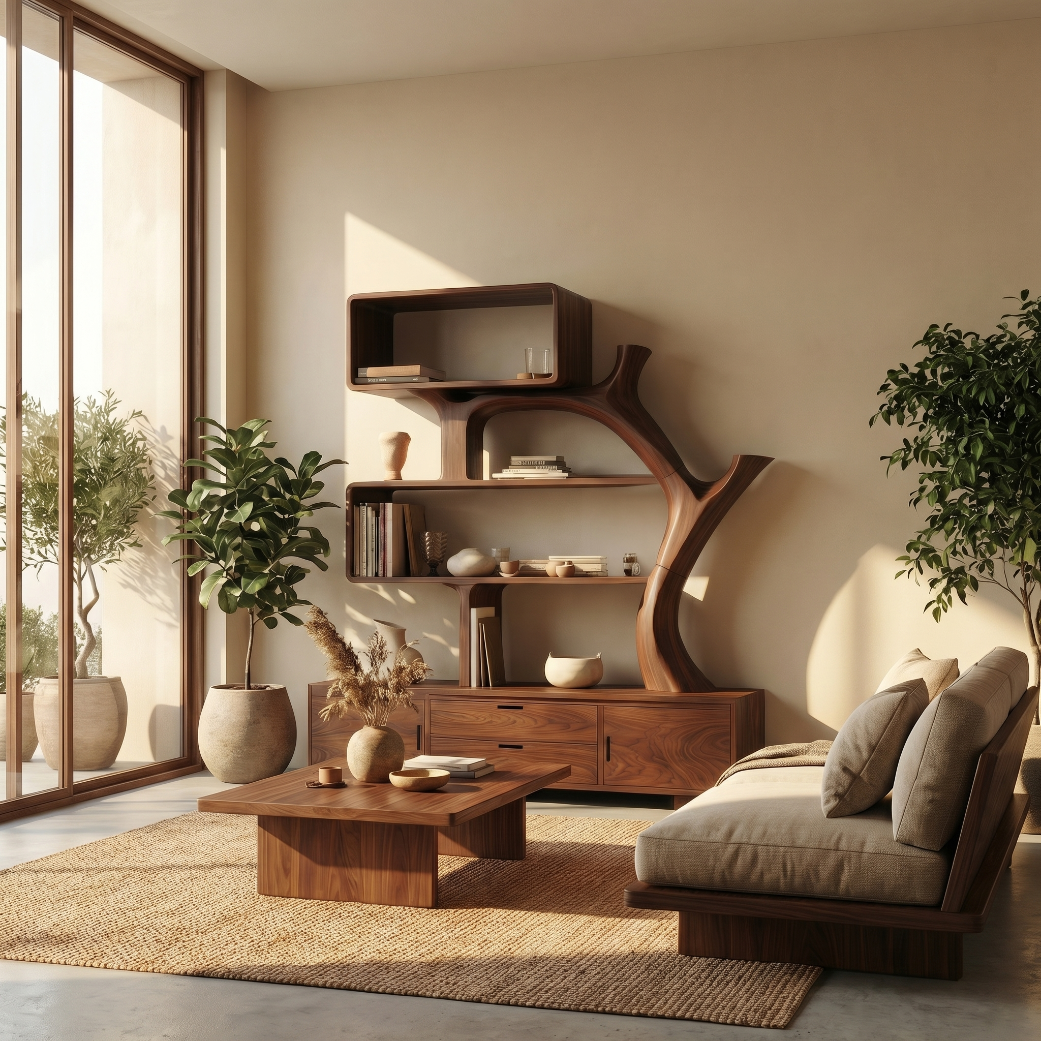 Sculptural Wood Display Shelf With Storage For Living Room