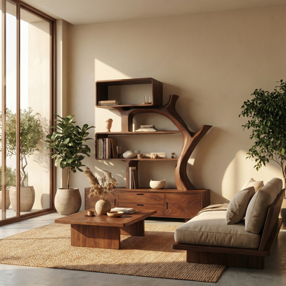 Sculptural Wood Display Shelf With Storage For Living Room