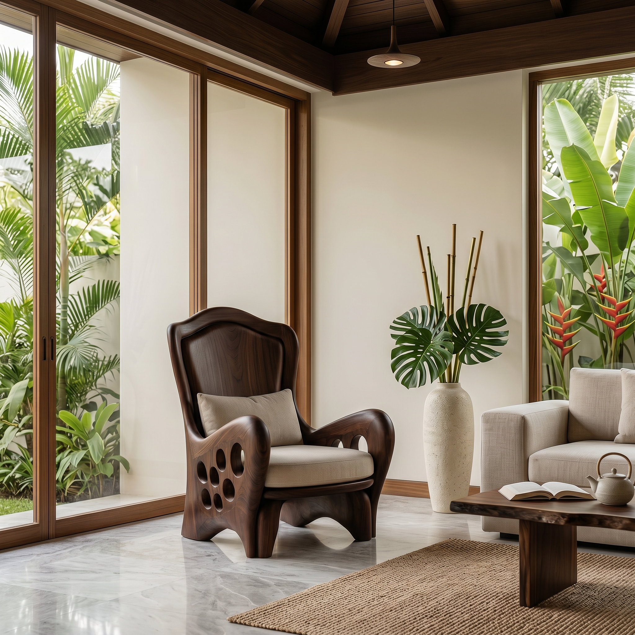 Organic Armchair With Sculptural Wood Frame For Living Room And Reading Nook
