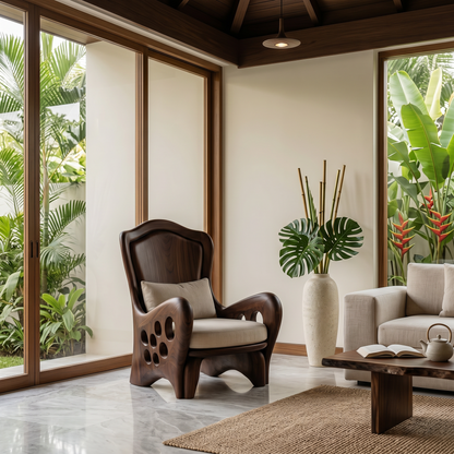 Organic Armchair With Sculptural Wood Frame For Living Room And Reading Nook