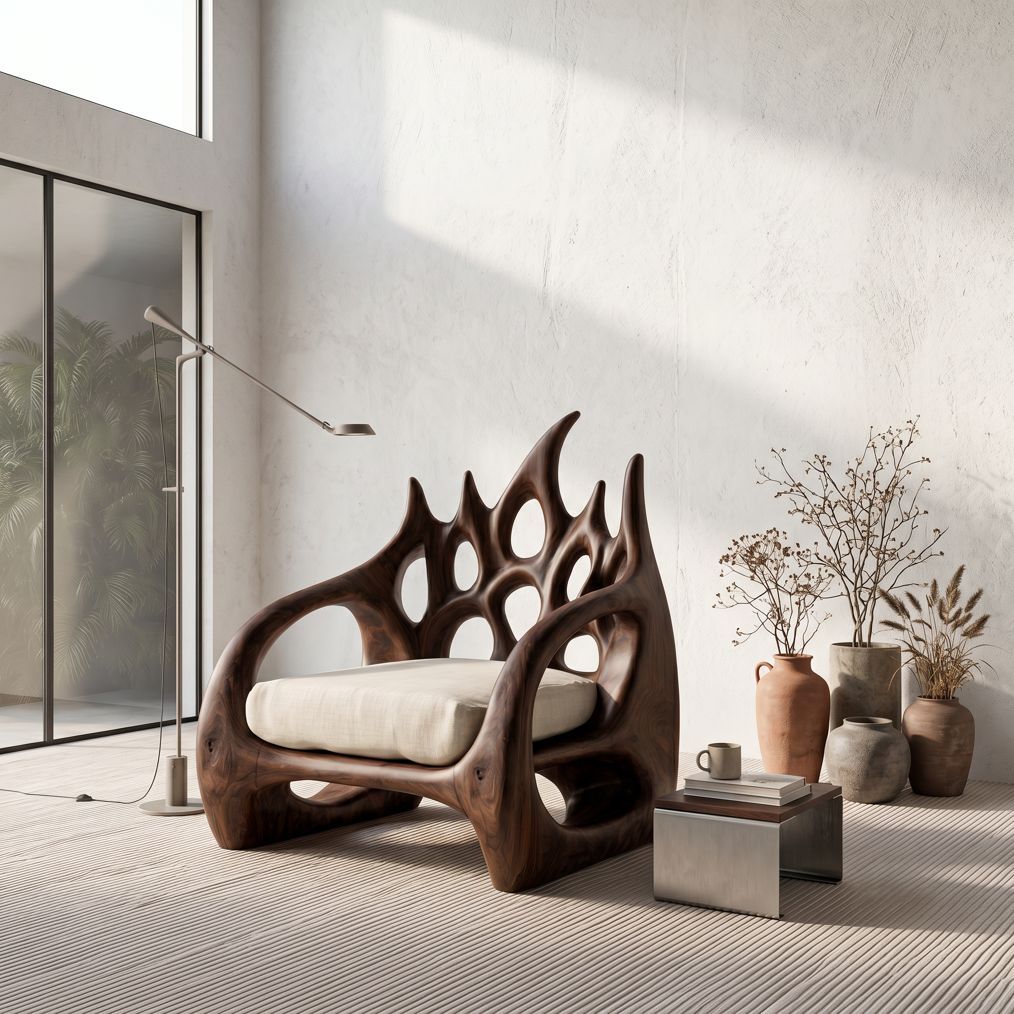 Contemporary Armchair With Organic Wood Silhouette For Living Room Decor