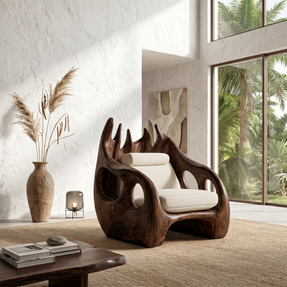 Nature Inspired Armchair With Handcrafted Wooden Structure For Living Room
