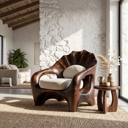 Nature Inspired Armchair With Sculptural Solid Wood Frame For Living Room And Bedroom