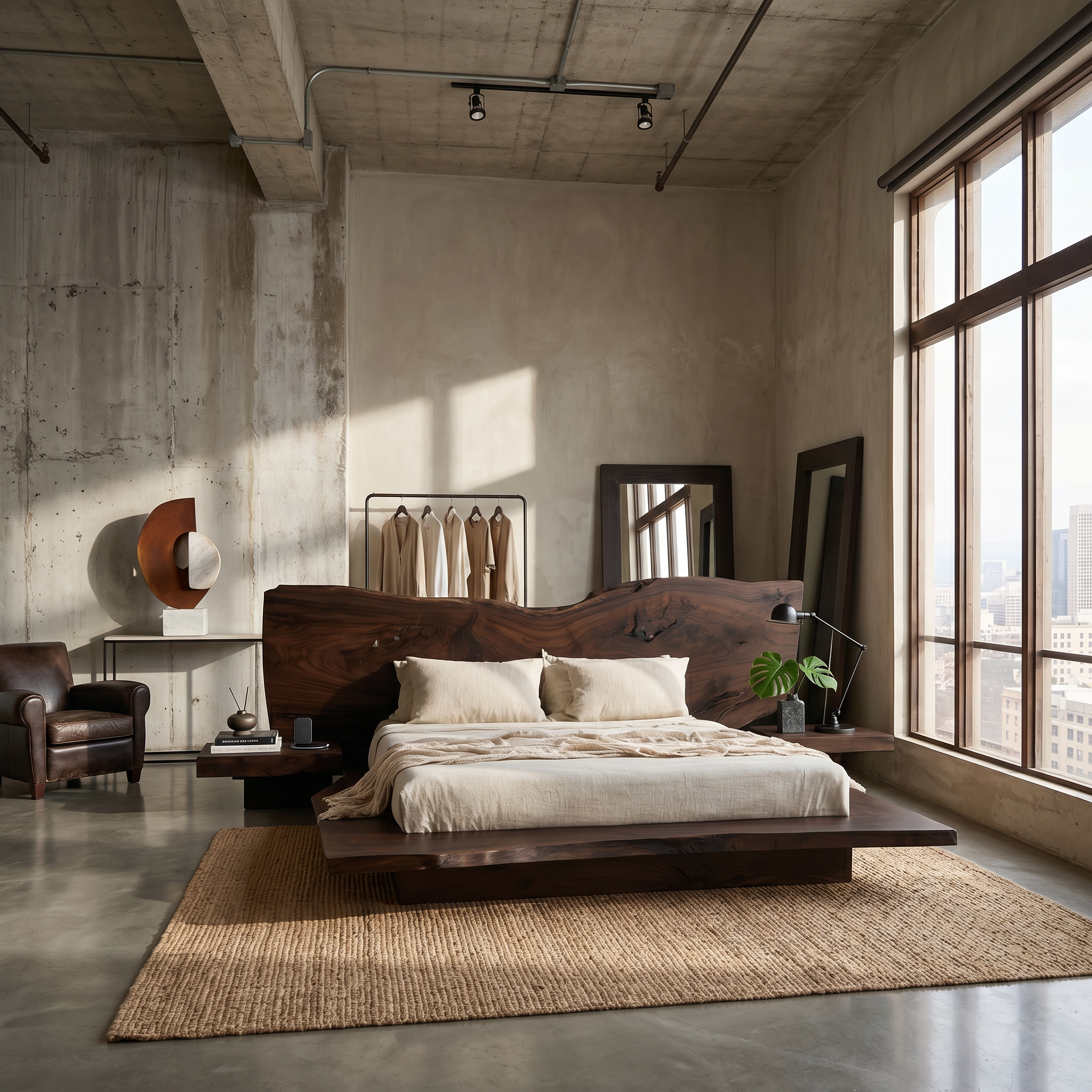 Rustic Live Edge Bed Frame With Sculptural Headboard For Bedroom