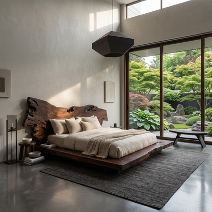 Contemporary Low Profile Bed Frame With Organic Wood Headboard For Bedroom