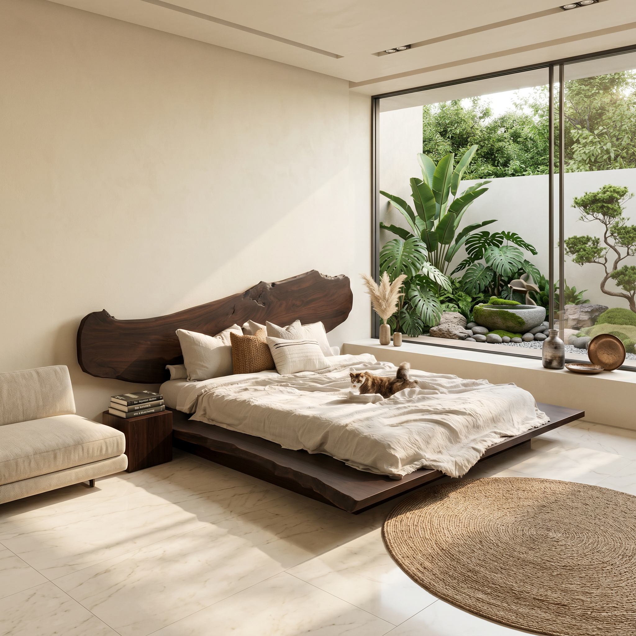 Luxury Organic Bed Frame With Sculptural Solid Wood Headboard And Floating Platform Design For Bedroom