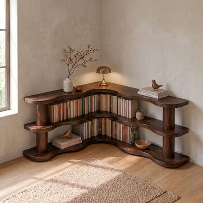 Rustic Modern Corner Bookshelf With Multi Tier Wooden Shelves For Living Room And Bedroom