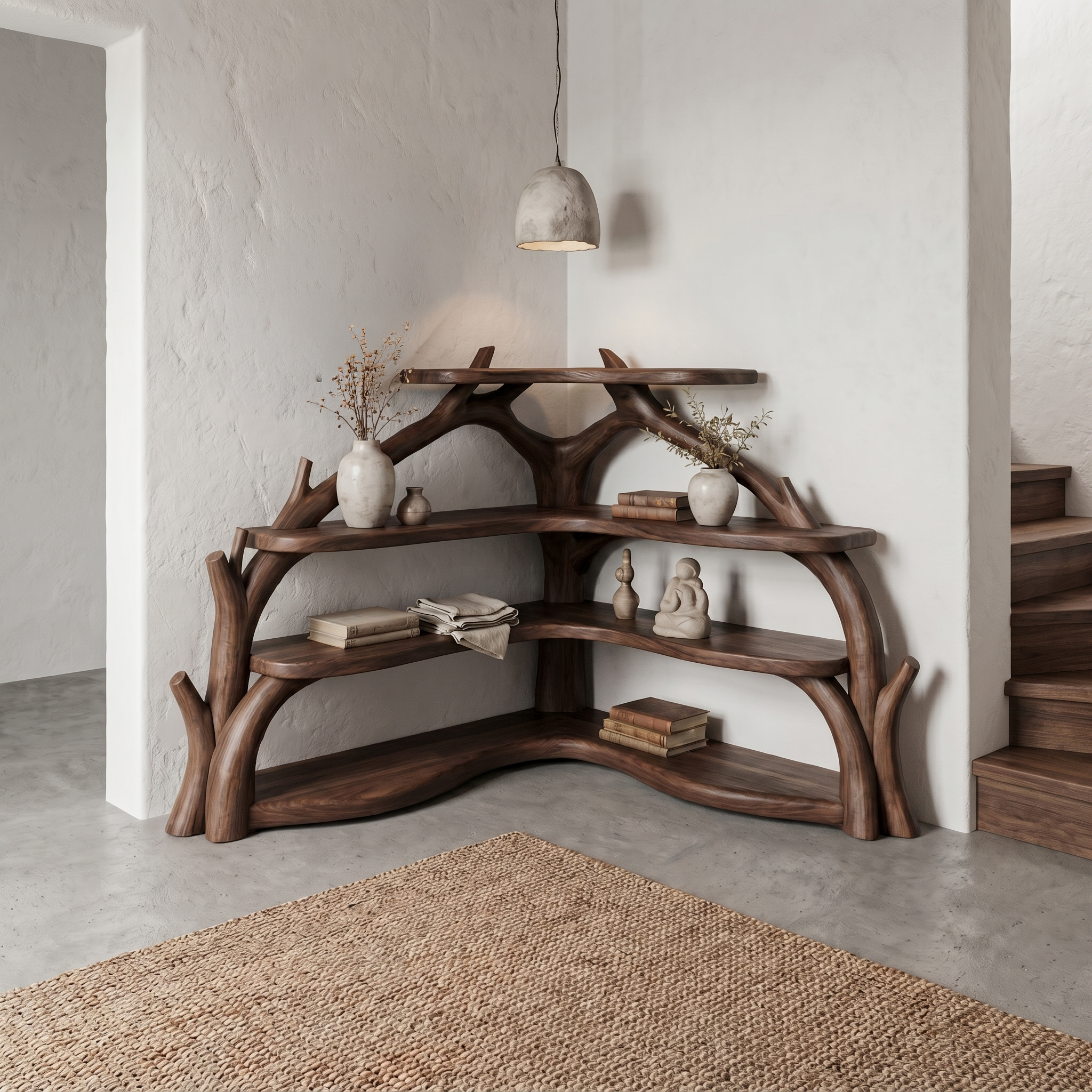 Sculptural Corner Bookcase With Natural Branch Design For Living Room