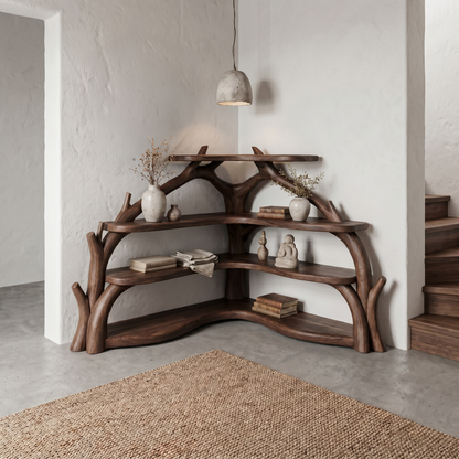 Sculptural Corner Bookcase With Natural Branch Design For Living Room