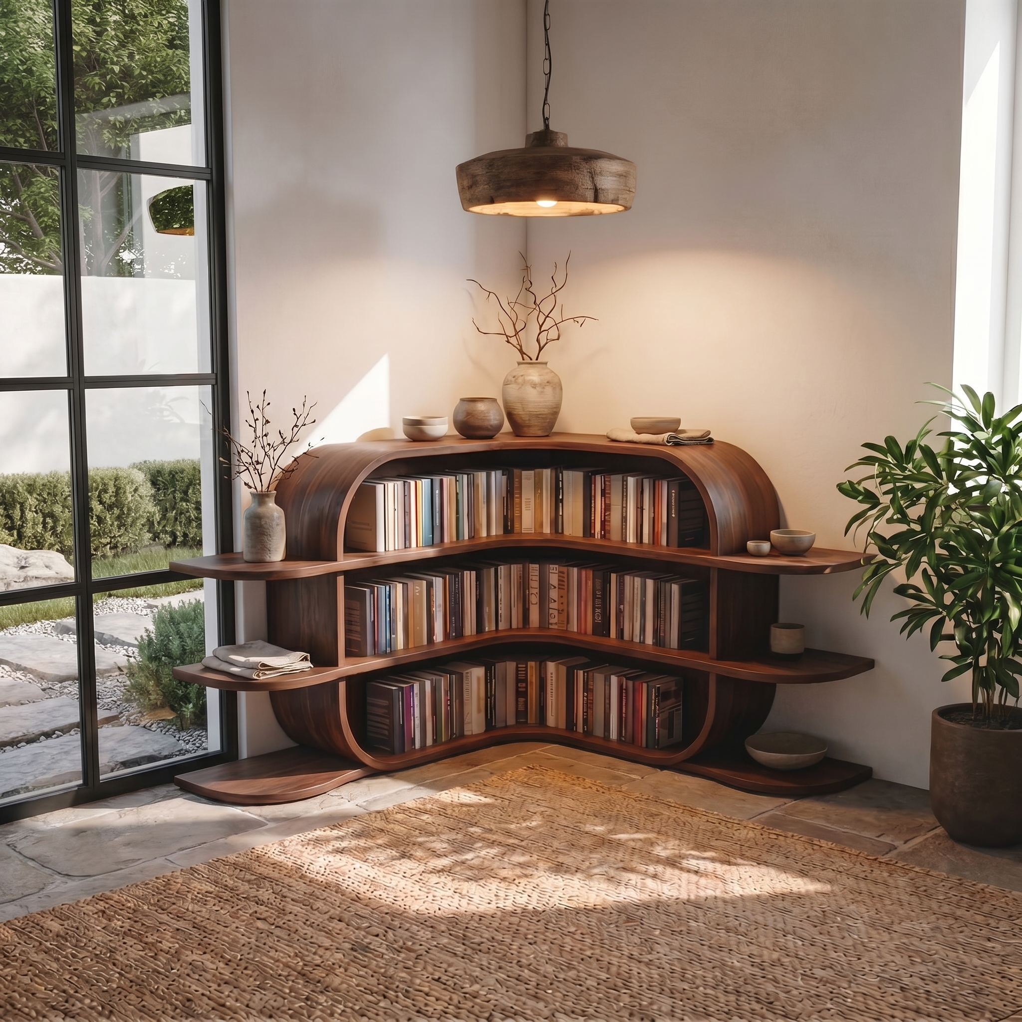 Scandinavian Arched Corner Bookshelf With Multi Tier Open Shelves For Living Room And Bedroom