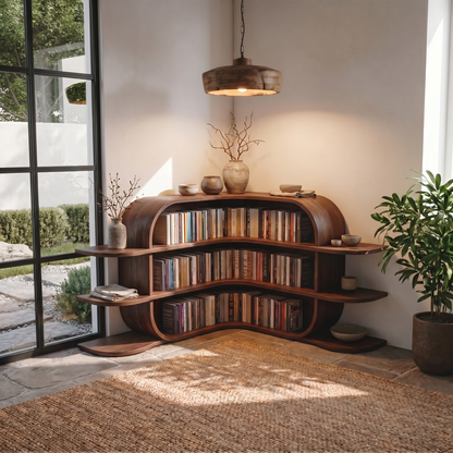 Scandinavian Arched Corner Bookshelf With Multi Tier Open Shelves For Living Room And Bedroom