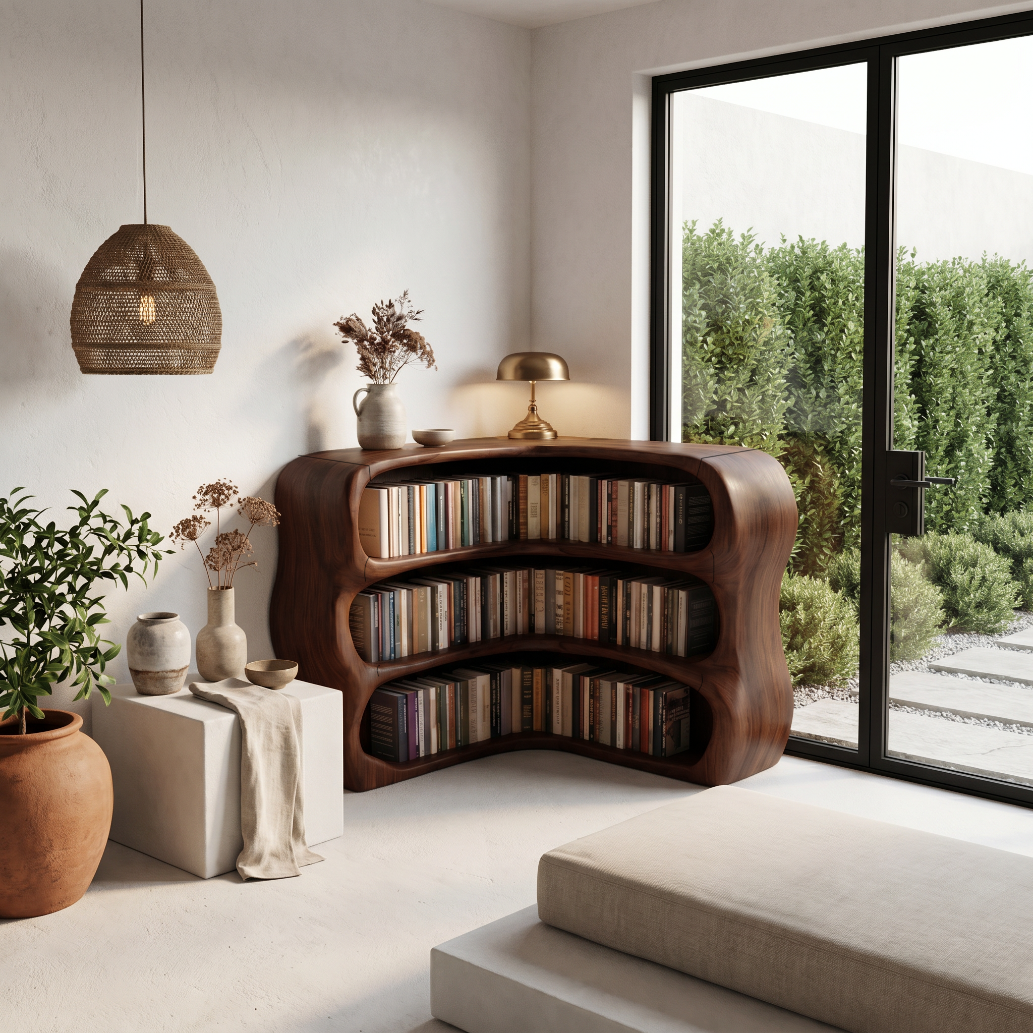 Modern Curved Bookshelf With Sculptural Open Shelves For Living Room And Bedroom