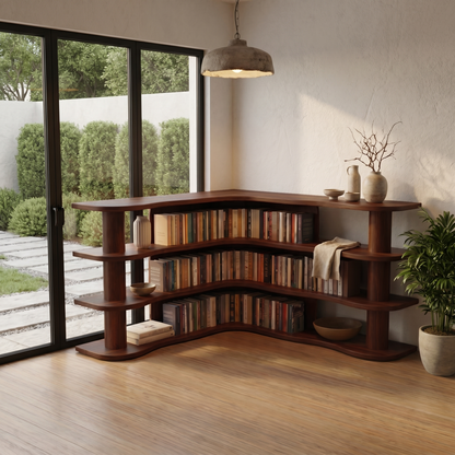 Scandinavian Corner Bookshelf With Rounded Multi Tier Wooden Shelves For Living Room And Bedroom