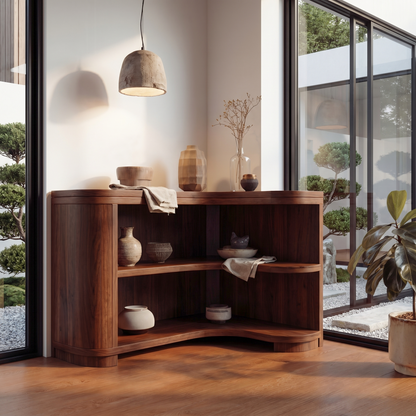 Modern Organic Corner Bookshelf With Solid Wood Open Shelves And Curved Design For Living Room And Bedroom