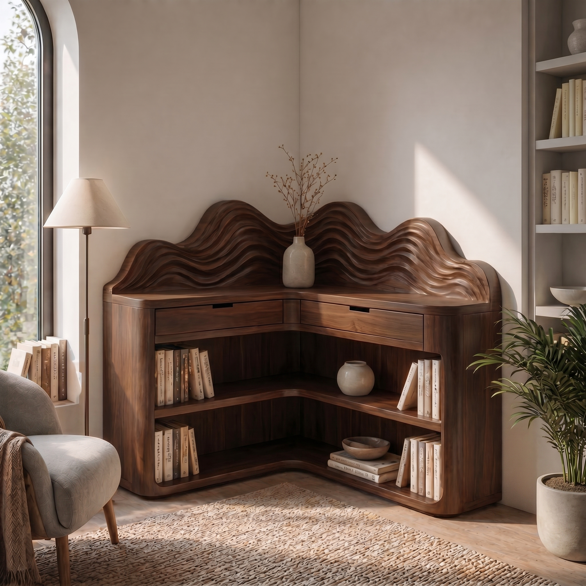 Scandinavian Wave Top Corner Bookshelf With Multi Tier Open Shelves For Living Room And Bedroom