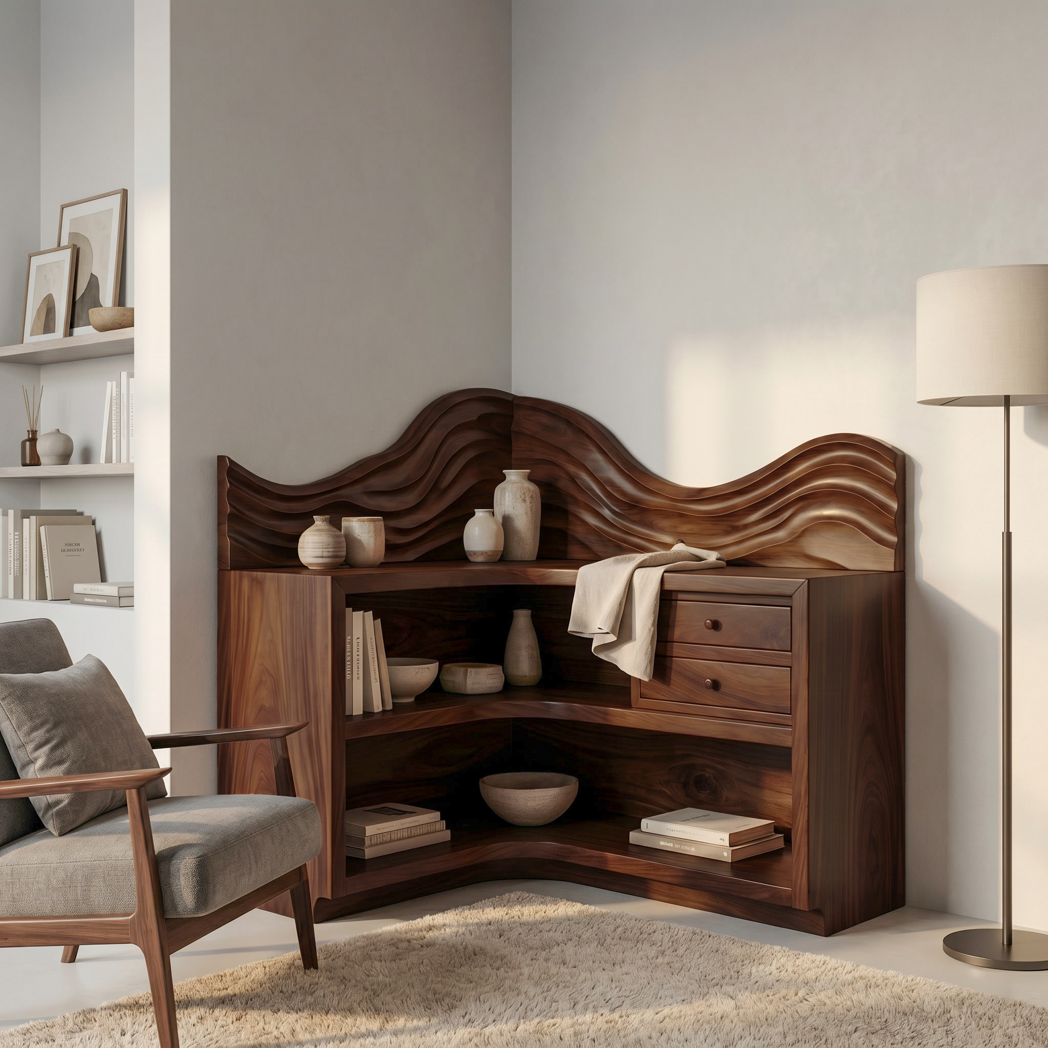 Rustic Corner Bookshelf With Arched Open Shelves And Drawer Storage For Living Room And Bedroom