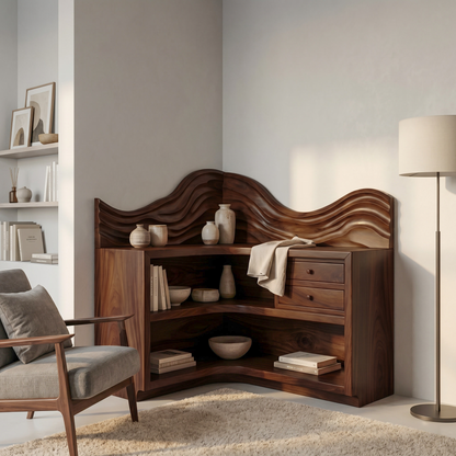 Rustic Corner Bookshelf With Arched Open Shelves And Drawer Storage For Living Room And Bedroom