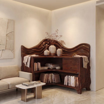 Rustic Wave Top Corner Bookshelf With Sculptural Wooden Shelves And Open Storage For Living Room And Bedroom