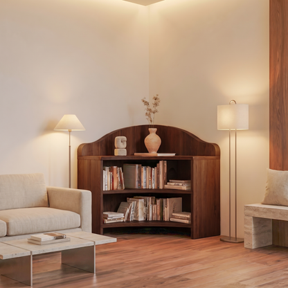 Minimal Corner Bookshelf With Clean Wooden Structure For Living Room