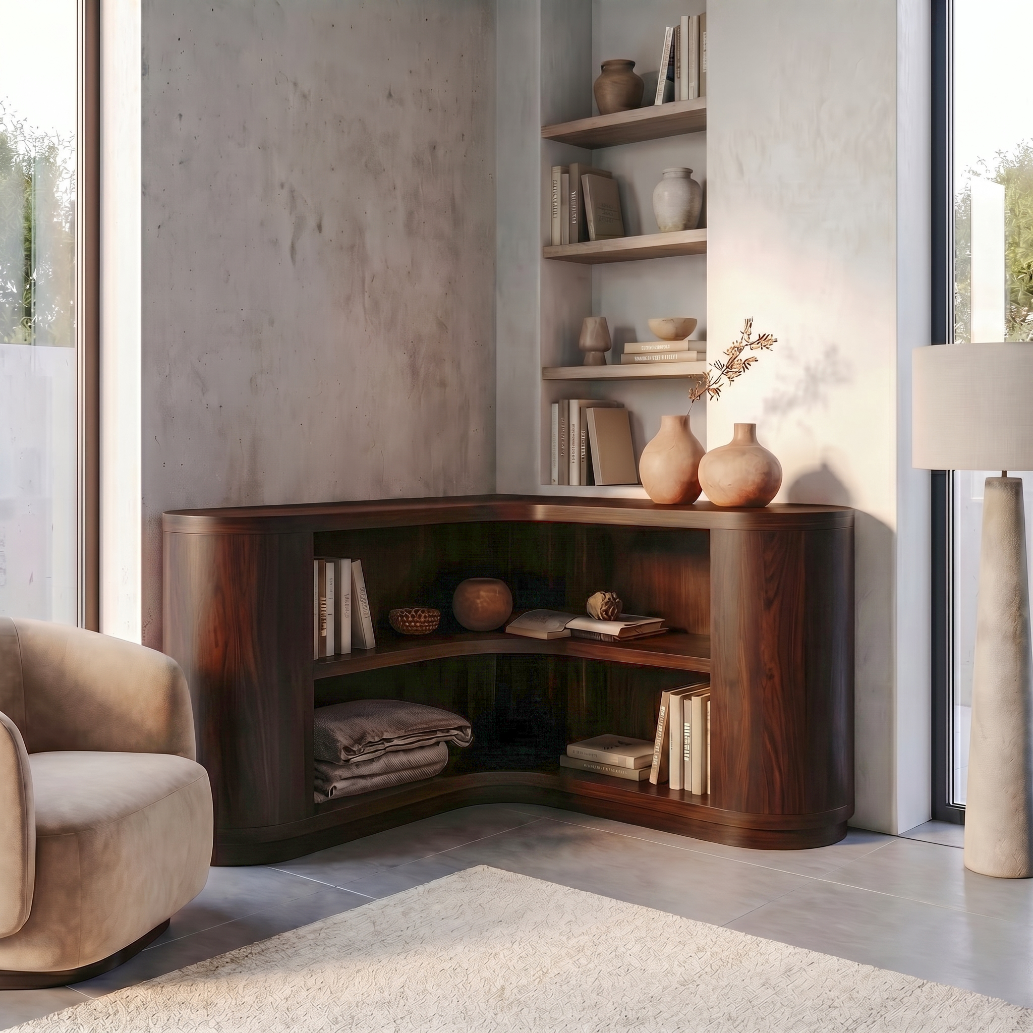 Scandinavian Corner Bookshelf With Simple Wooden Structure For Living Room