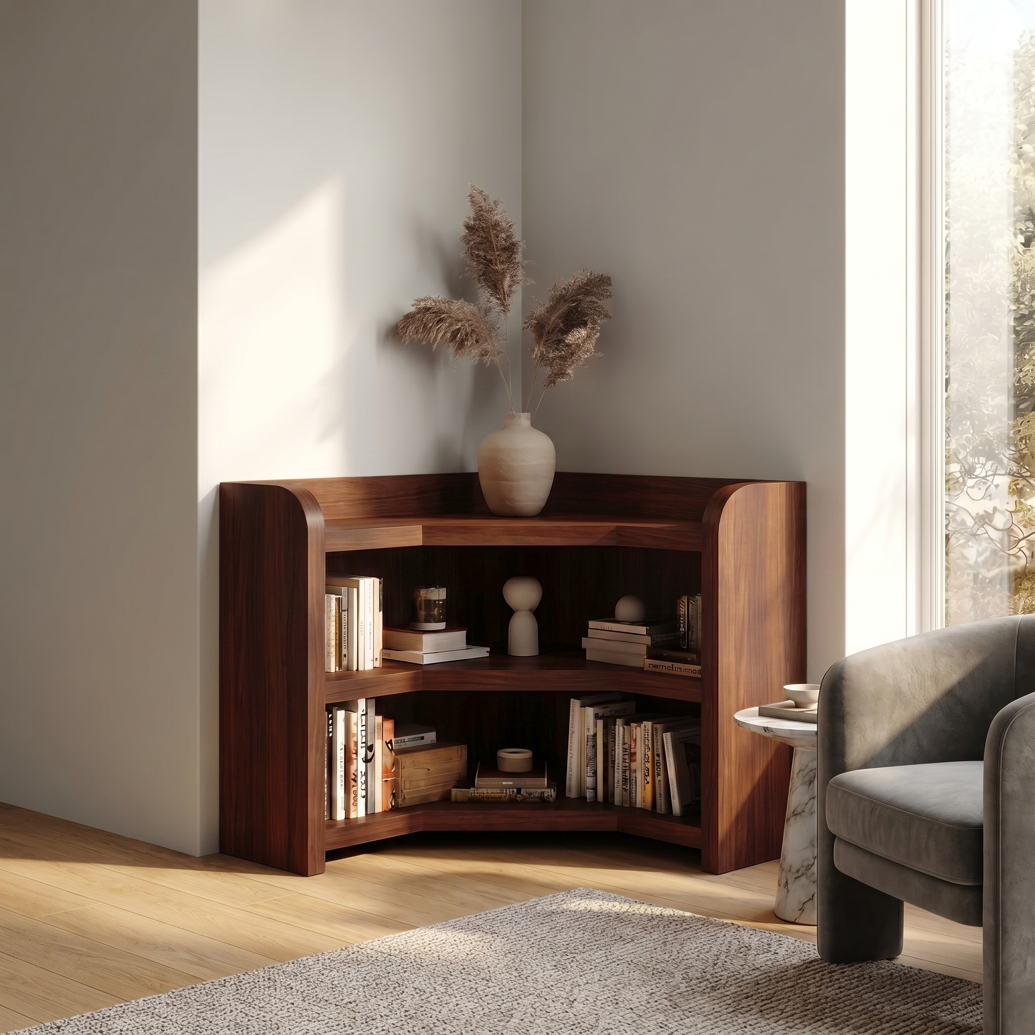 Natural Wooden Bookshelf With Rounded Edges And Open Shelves For Living Room And Bedroom