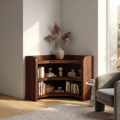 Natural Wooden Bookshelf With Rounded Edges And Open Shelves For Living Room And Bedroom