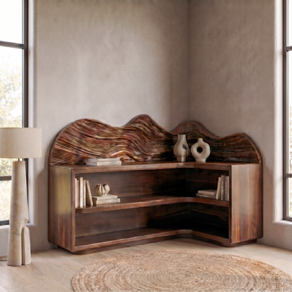 Contemporary Corner Bookcase With Sculptural Wooden Shelves For Living Room