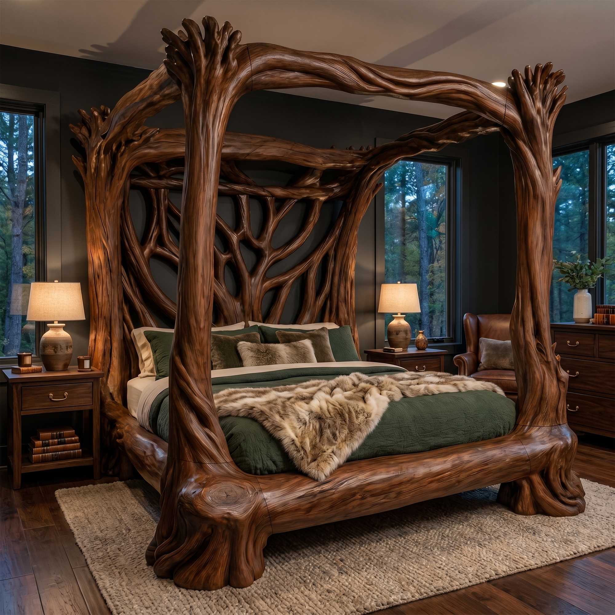 Organic Sculptural Canopy Bed With Handcrafted Tree Branch Wood Frame For Bedroom Decor