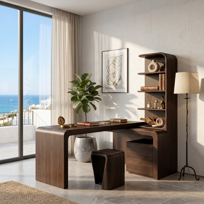 Modern Desk With Built In Bookshelf For Home Office And Workspace