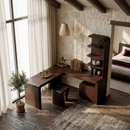 Organic Desk With Storage Shelves And Cabinet For Home Office