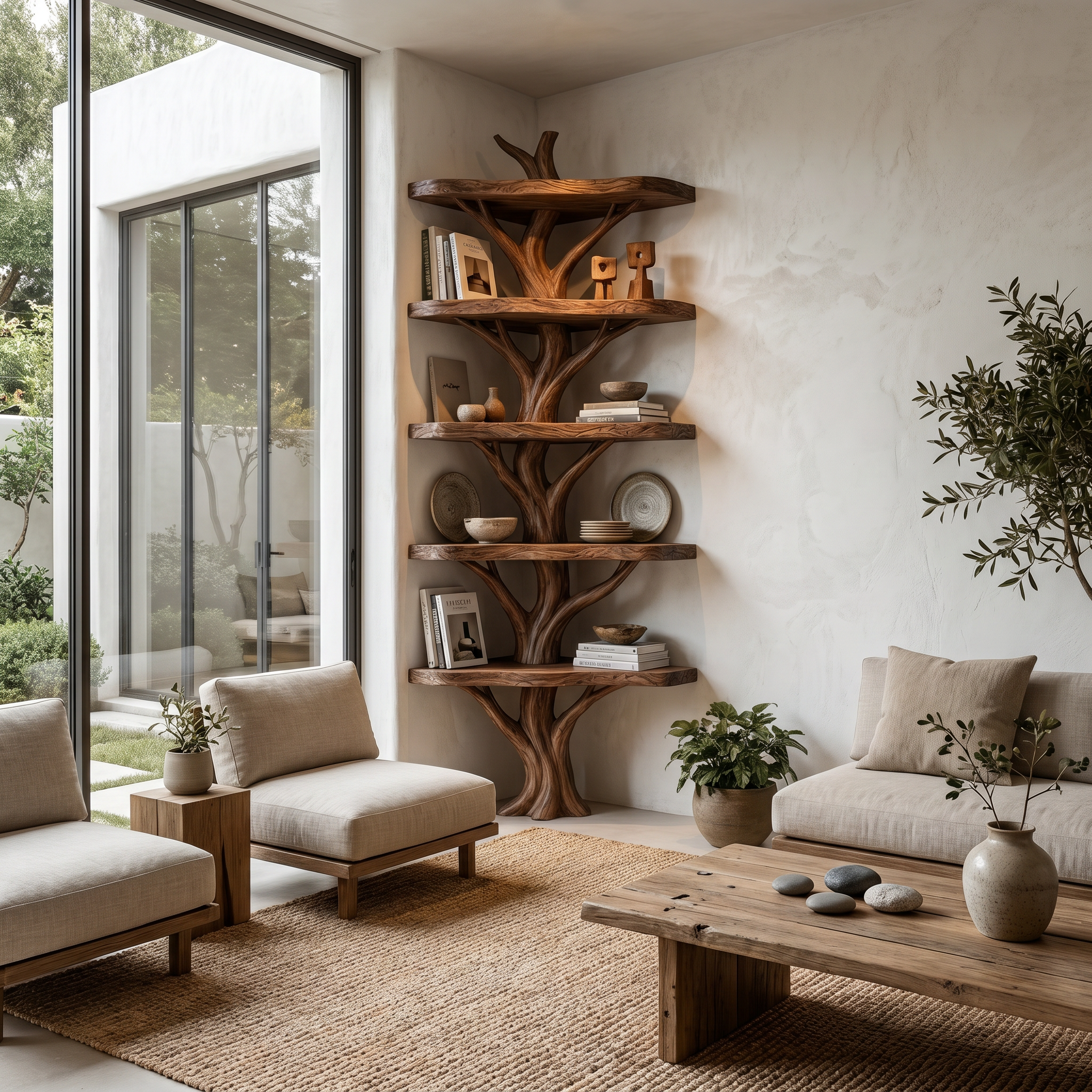 Sculptural Tree Bookshelf With Multi Tier Open Shelving For Reading Corner