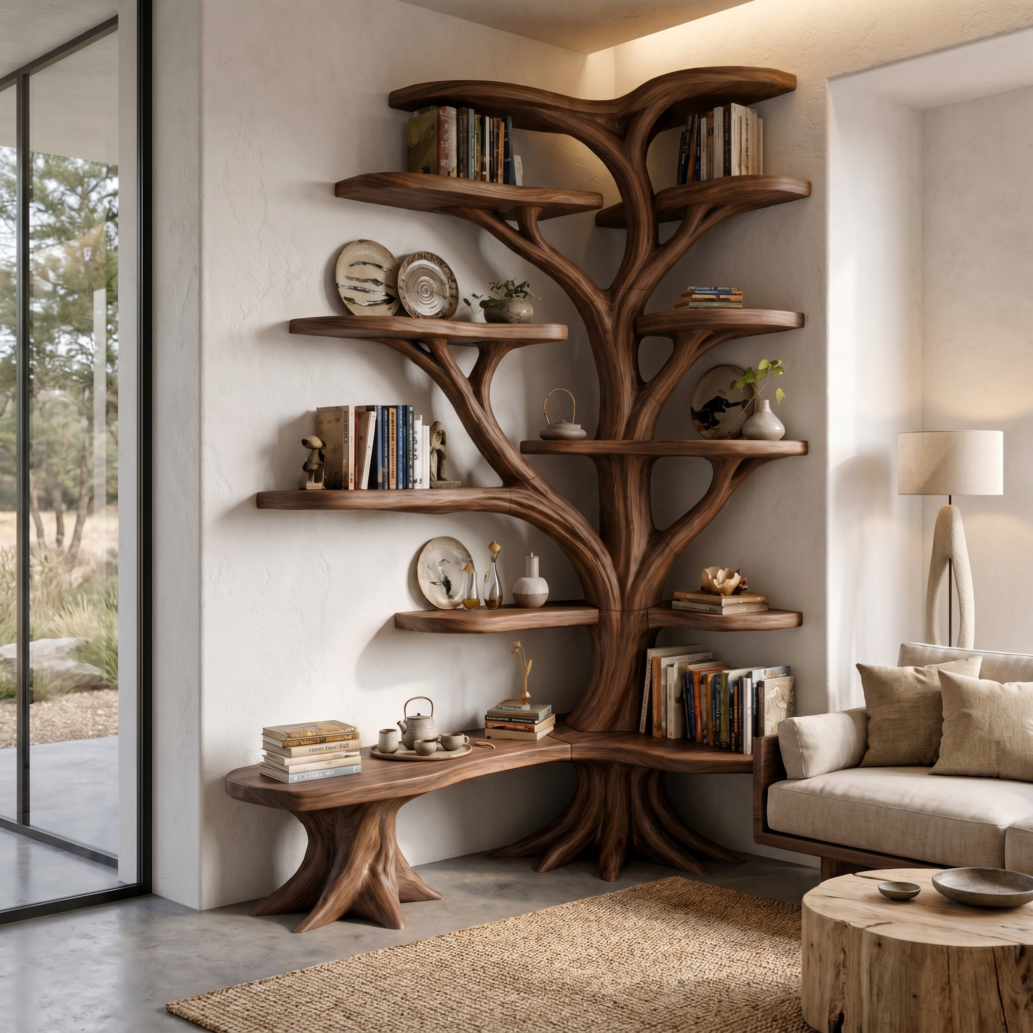 Organic Tree Bookshelf With Sculptural Branch Design And Multi Tier Display Shelves For Living Room.