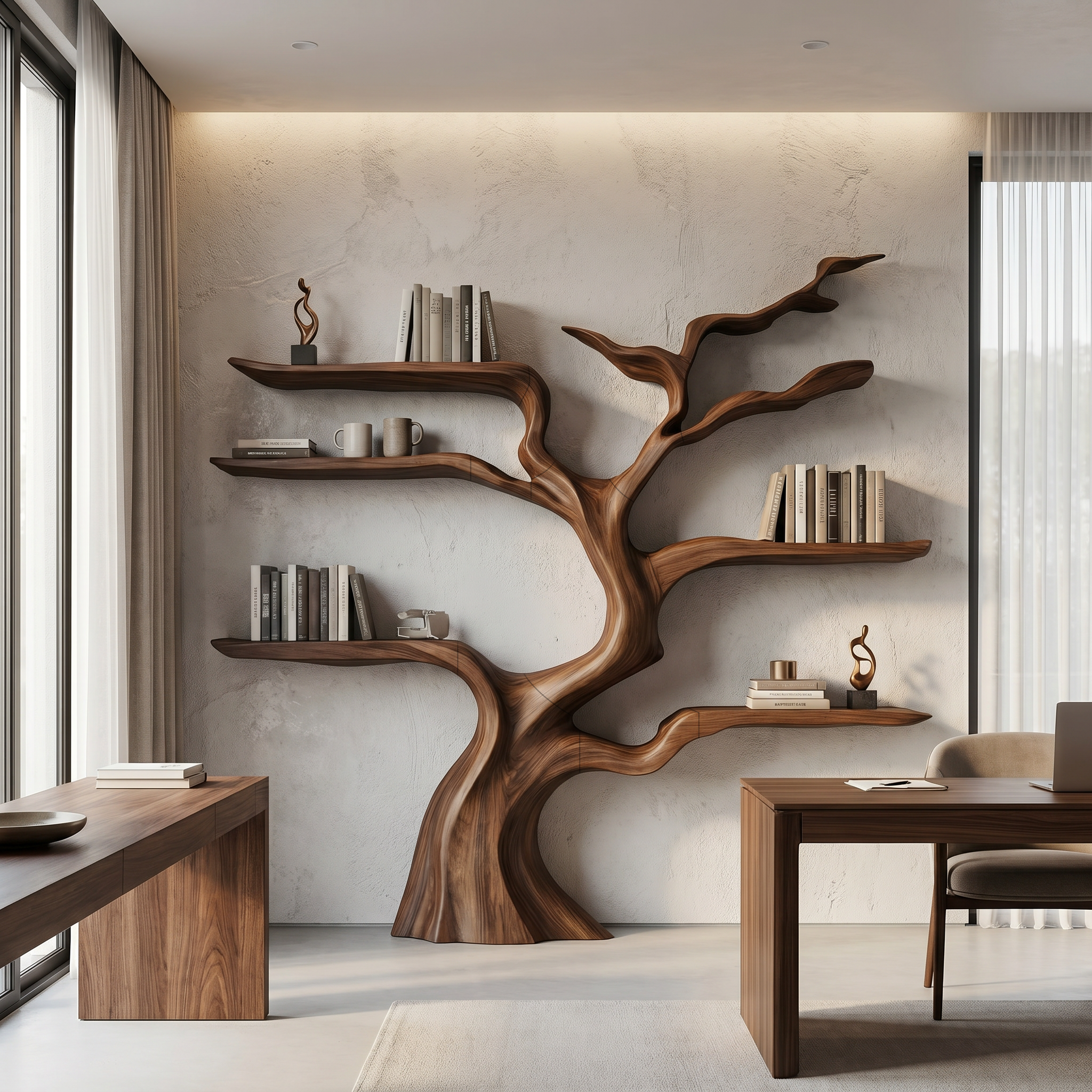 Nature Inspired Tree Bookshelf With Floating Wooden Shelves For Living Room Decor